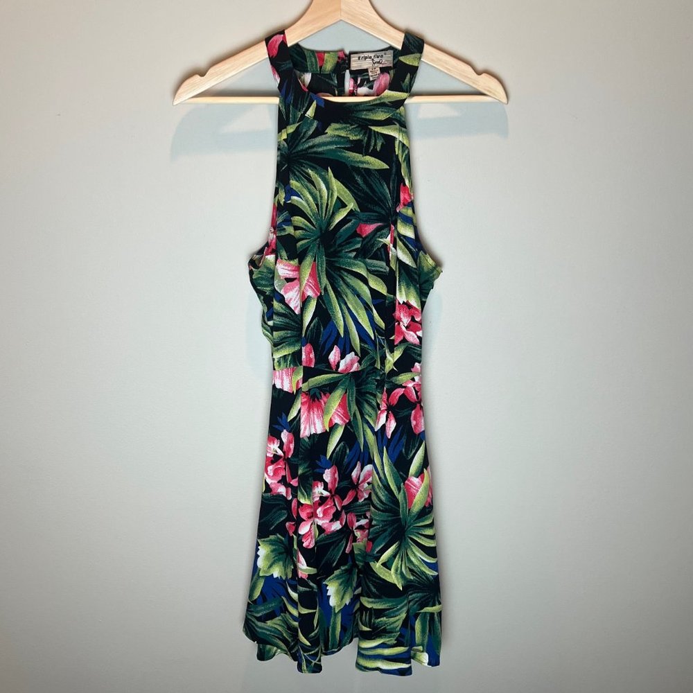 High Neck Tropical Floral Skater Dress- Triple Five Soul